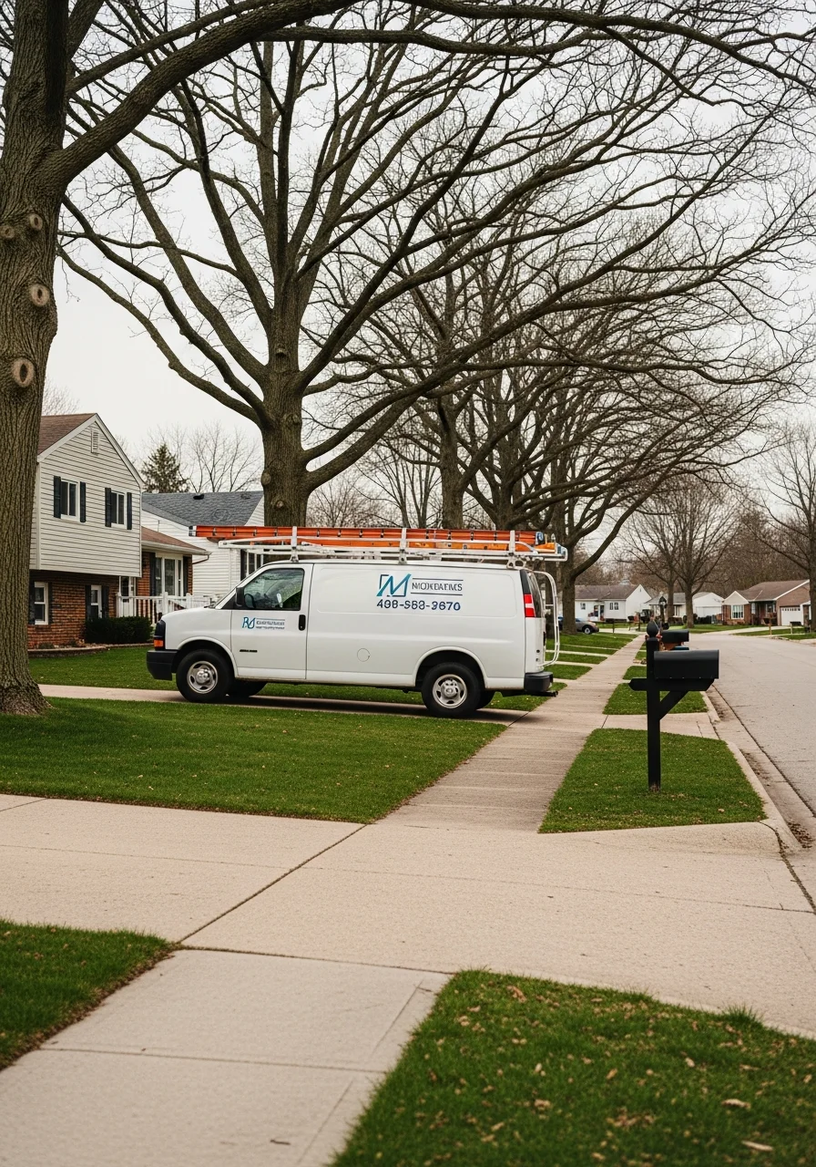 Team of technicians standing in front of service vehicle in a Lake County neighborhood.
