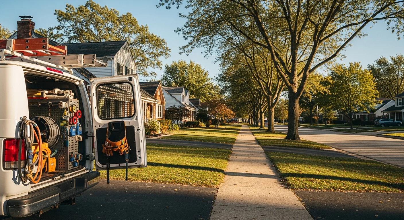 Mentor residential street with well-maintained homes and mature trees under clear sky.