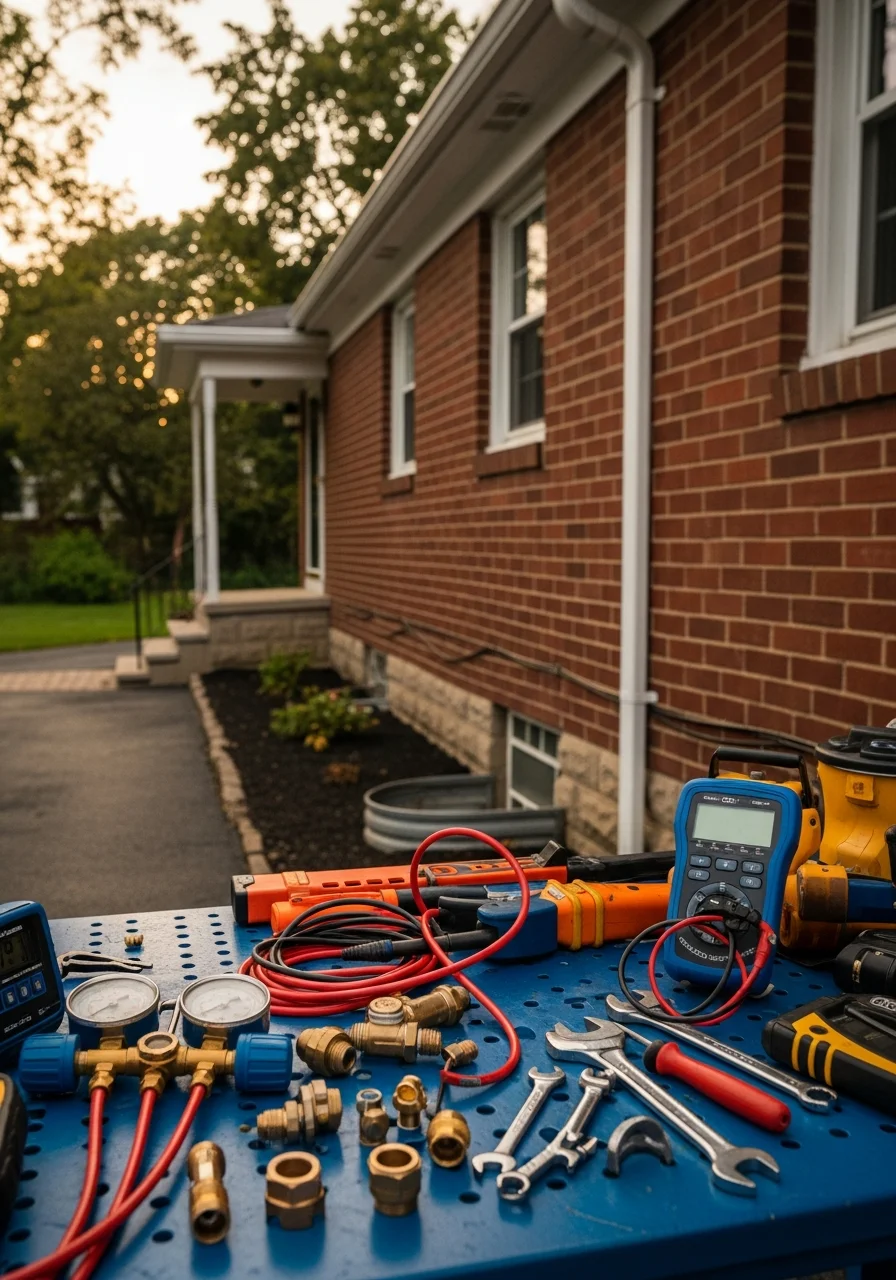 Professional technician working on equipment at a Painesville residential property.