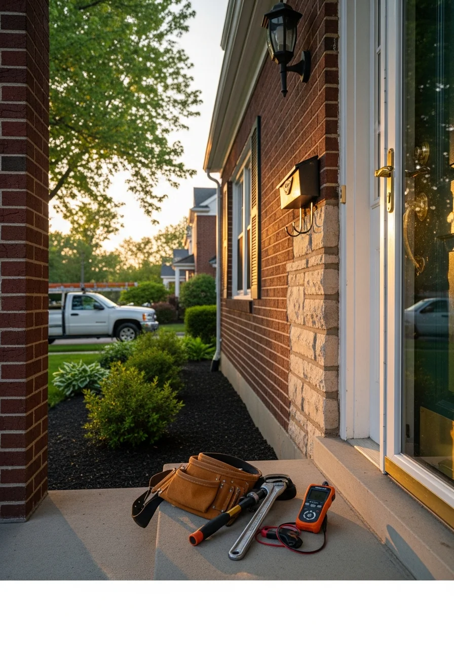 Service technician in professional uniform at the entrance of a Willoughby home.
