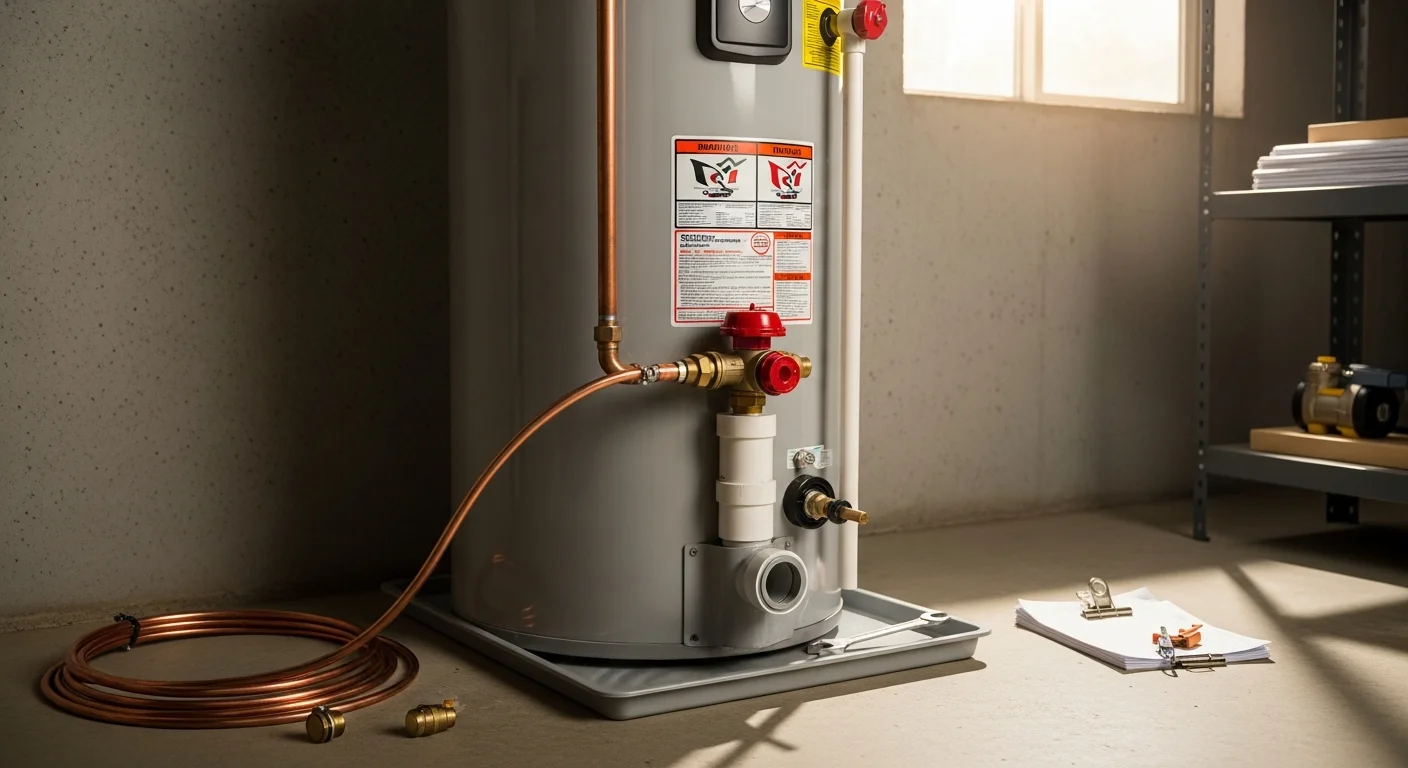 A newly installed hot water heater in a Mentor, Ohio home utility room, with fresh pipe connections and a pressure relief valve in place. The surrounding area is clean and clear with proper access space around the unit.