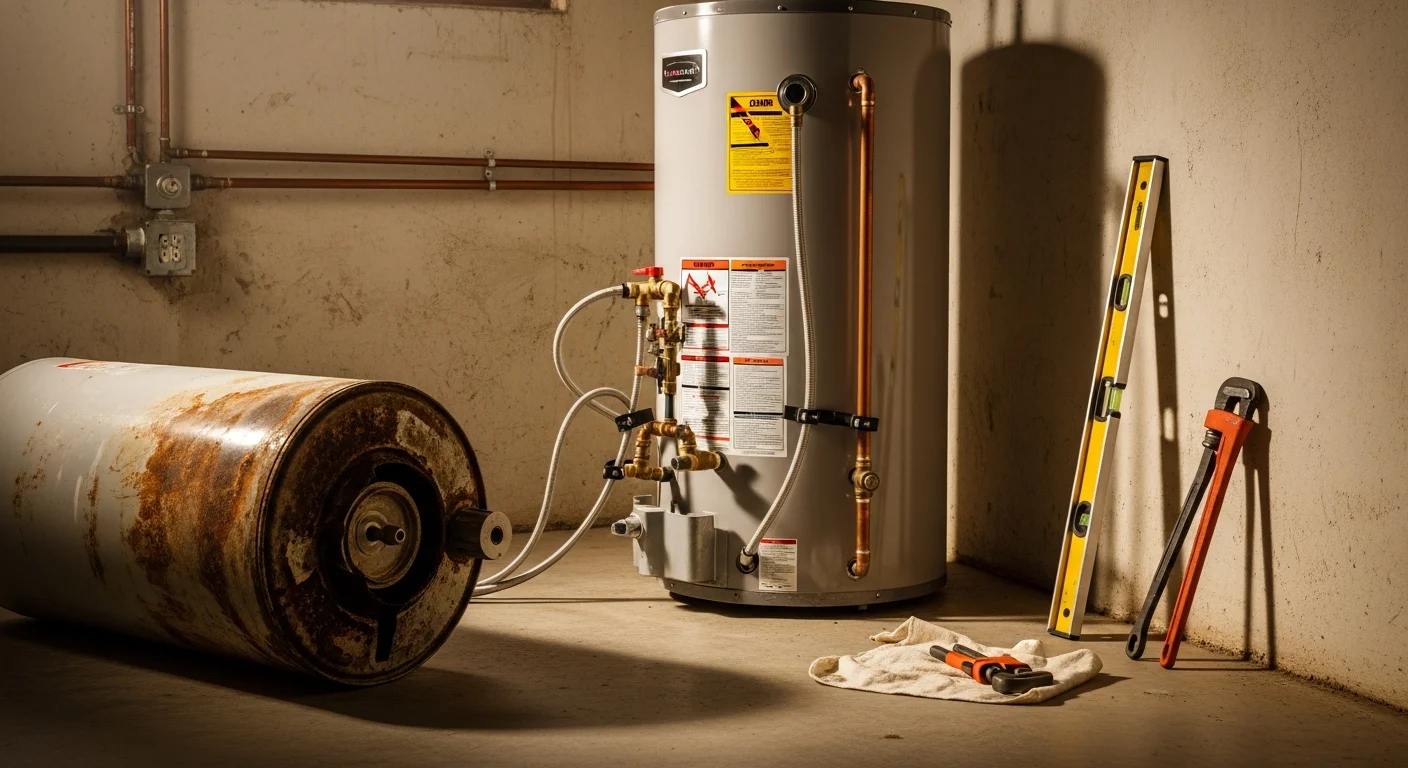 A newly installed hot water heater tank in a utility room of a residential home in Mentor, Ohio. The unit is upright, fully connected to copper supply lines, with a clean surrounding floor after old unit removal.