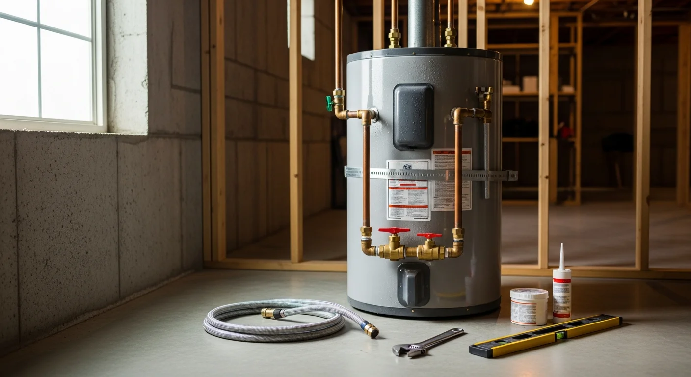 A new hot water tank installed in a residential utility room in Mentor, Ohio, with supply and return plumbing lines connected and the area left clean. The tank is upright and properly positioned against the wall with visible pipe fittings and a pressure relief valve in place.