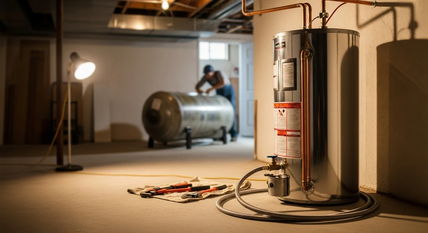 A licensed plumber completing a hot water tank replacement in a residential utility room in Mentor, Ohio. The new tank is connected and the old corroded unit sits beside it ready for removal.