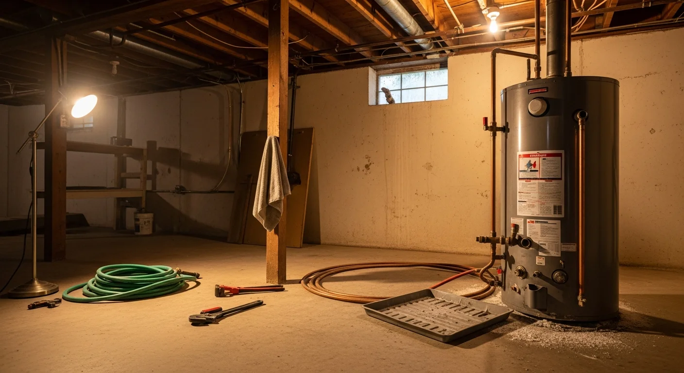 A plumber removing an old tank water heater from a basement utility room in a single-family home in Mentor, Ohio. The disconnected unit is being moved toward the stairwell exit with surrounding pipes and walls left undamaged.